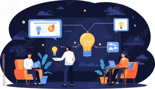 People collaborate on ideas, represented by glowing lightbulbs, with laptops