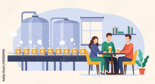People enjoying drinks at a brewery with canning line and vats visible