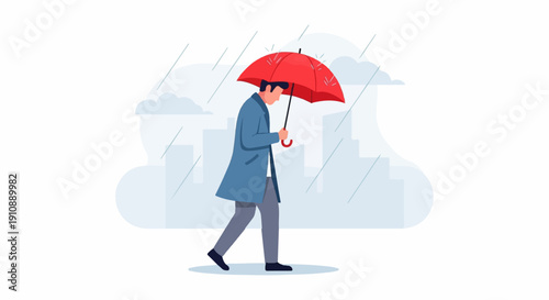 Person walks under a red umbrella during a rainy day in the city