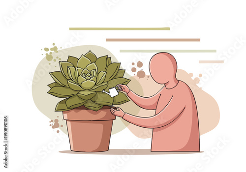 Gardening Hobby. Person Caring for Succulent Plant. Indoor Gardening. Minimalist Illustration. Vector Art.