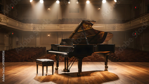 Grand Piano Under Spotlight on Stage: An evocative image of musical performance, perfect for concert advertisements, theater promotions, and classical music events. Elegance and artistry