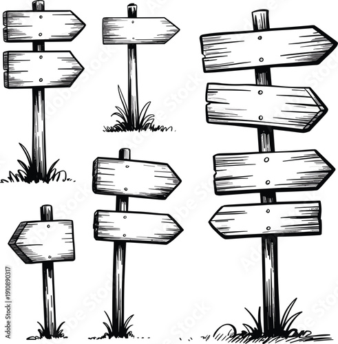 Vintage wooden signpost vector set with blank directional boards and rustic arrow signs on grass