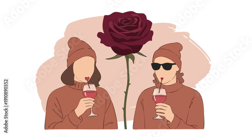 Couple enjoying wine with a rose. Minimalist illustration.