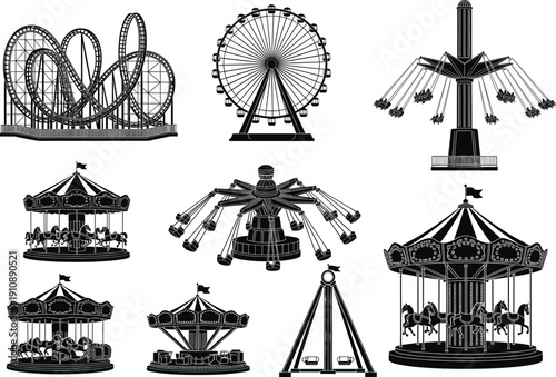 Black and White Silhouette Vector Set of Amusement Park Rides Featuring Roller Coaster, Ferris Wheel, Carousel, and Carnival Attractions for Theme Park and Entertainment Designs