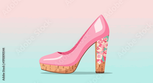 Pink stiletto heel with floral pattern on the block heel and cork sole
