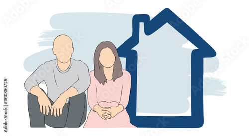 Couple Sitting Near House Icon. Home Ownership. Real Estate Concept.
