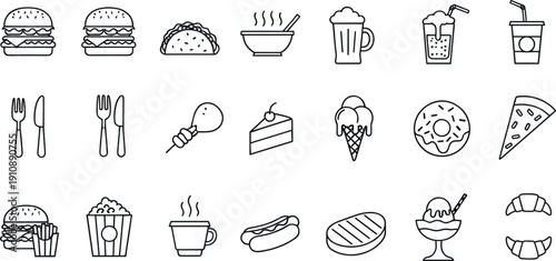 Minimal black line fast food, snack and dessert icon set with burgers, noodles, pizza, coffee and drinks