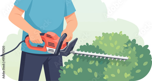 Person trimming hedges with an electric trimmer in a garden setting
