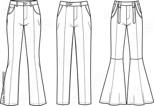 Women pants technical fashion illustration set with straight leg and flared styles, front view clothing template isolated on white background