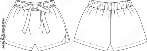 Women casual shorts technical fashion illustration with elastic waistband and tie belt, front and back view clothing template isolated on white background