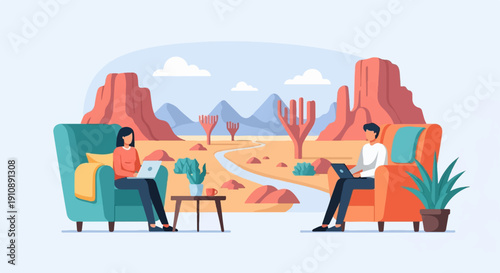 People working remotely in a desert landscape with laptops