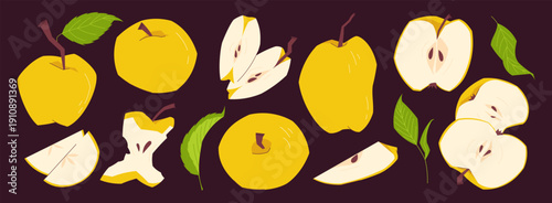 Set of yellow apples with whole fruits, slices, core and leaves, fresh organic fruit on dark background, healthy snack and harvest concept