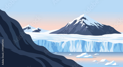 Pixel art of a cold, icy landscape with mountains and glaciers at dawn