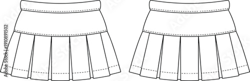 Women pleated mini skirt technical fashion illustration with front and back views, high waist clothing template isolated on white background
