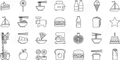 Minimal black line food, drink and kitchen icon collection featuring burgers, noodles, sushi, milk, cake, bread, ice cream and cookware