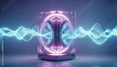 Futuristic semi transparent speaker emitting blue light waves showing powerful sound vibration and innovation technology with pink aesthetic neon glow creating energetic atmosphere for digital
