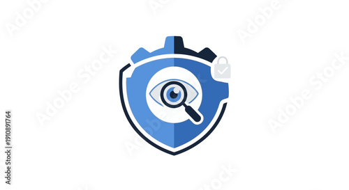 Shield with eye and magnifying glass.