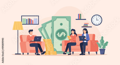 People working remotely on laptops with money and household items