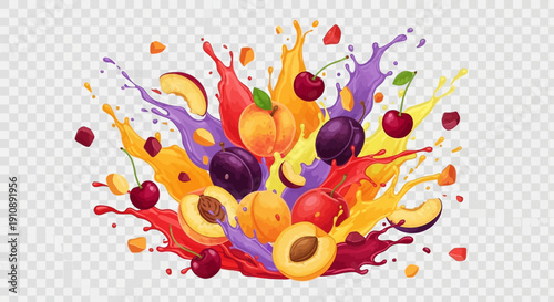 Vibrant illustration featuring a dynamic splash composition of ripe cherries, plums, and peaches with colorful juice eruptions on transparent background