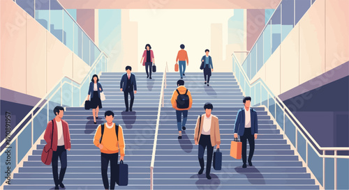 People ascending and descending on large concrete steps in a modern building