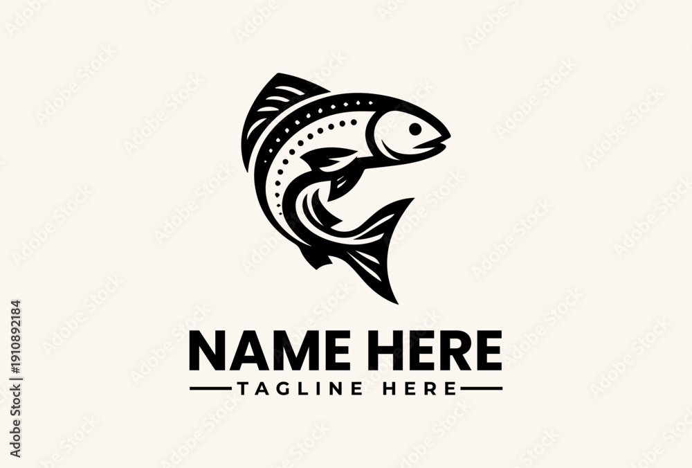 Obraz premium Black and white vector illustration of a fish logo with a placeholder name and tagline on a beige background.