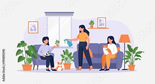 People and pets relaxing in a plant-filled living room