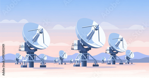 Pixel art of a radio telescope array in a desert landscape at dawn