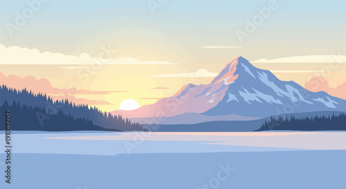 Pixelated mountain landscape at dawn with a lake and silhouetted forest