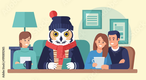 People and owl in cozy room, drinks and art on wall