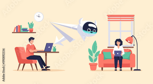 People working remotely with a friendly robot helper in modern home settings