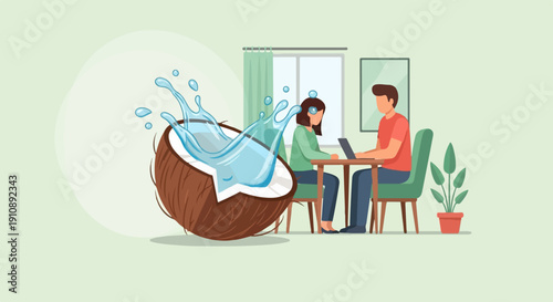 People working remotely with a fresh coconut splashing water indoors