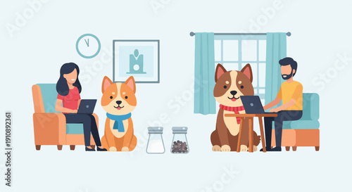 People and dogs working on laptops at home with cozy decor