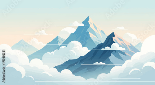 Pixelated mountain peaks pierce through soft clouds under a gradient sky