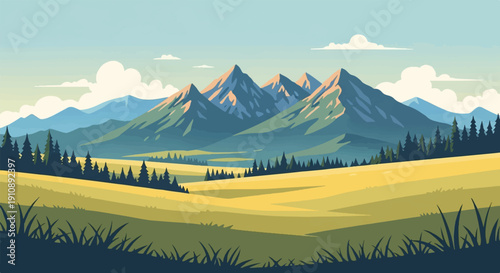 Pixelated mountain landscape with golden fields and pine trees