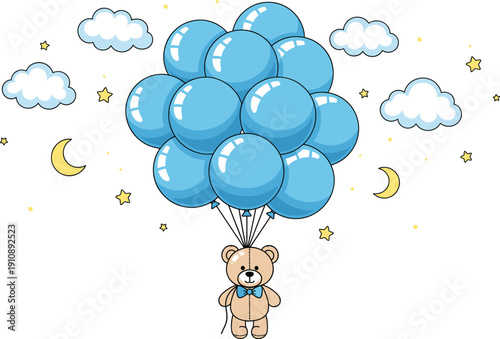 Cute Teddy Bear Floating with Blue Balloons in the Night Sky with Clouds, Moon, and Stars for Baby Shower Invitations, Nursery Decor, and Childrens Birthday Graphics
