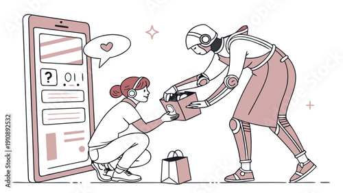 Flat vector illustration of chatbot assistant helping customer on smartphone, modern UI elements, soft pastel colors, minimal design, isolated background, scalable SVG style