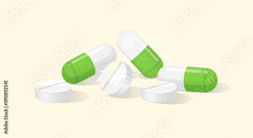 Pile of white and green pills and capsules scattered on a light background