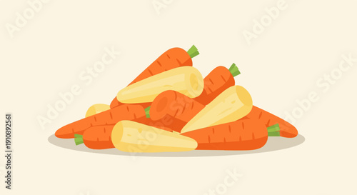 Pile of vibrant orange carrots, some sliced showing creamy yellow insides, on a surface