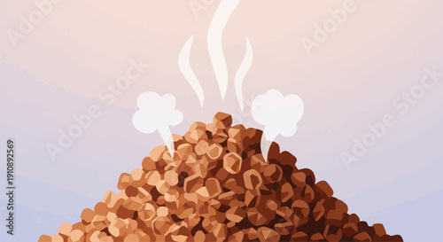 Pile of warm, steaming roasted coffee beans against a soft, gradient sky