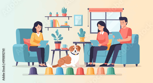 People and dog relax at home, surrounded by plants and colorful capsules