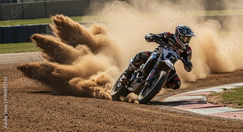 Dynamic action shot capturing a motorcycle racer leaning into the turn on a dusty, oval track, kicking up dirt and debris at immense speed ,oval ,motion ,mud