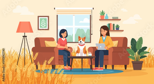 People and dog in living room with wheat field outside window