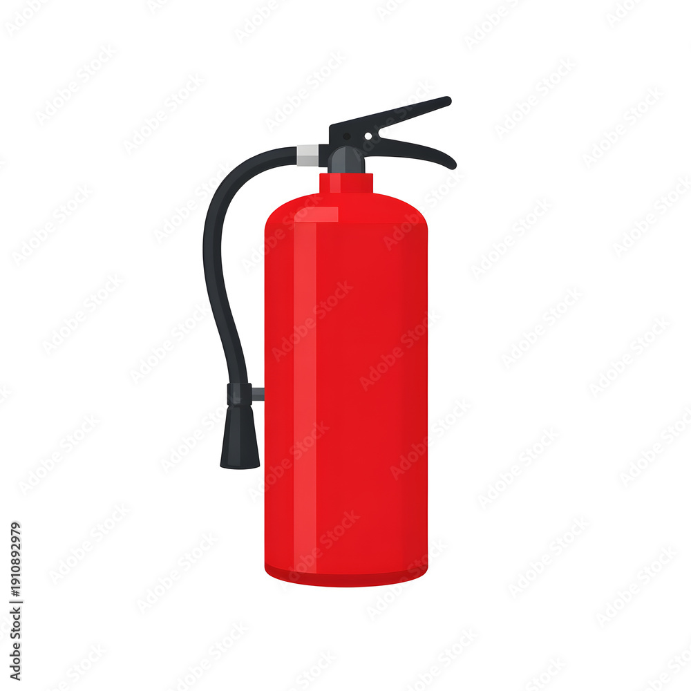 Obraz premium Red fire extinguisher with black hose and handle, isolated on a white background. Essential safety equipment for emergency preparedness and fire prevention.