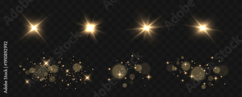 A set of vector golden particle and sunlight effects. Transparent PNG illustration.