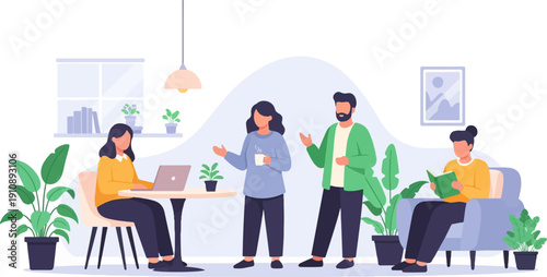 People in a bright, modern living space with plants and decor