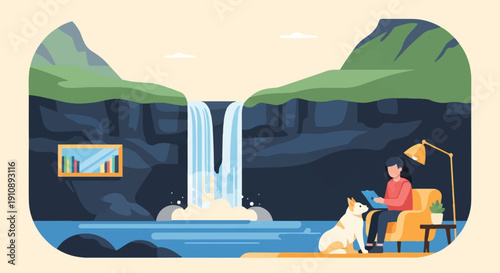 Person and dog relax by a waterfall, indoors with bookshelf
