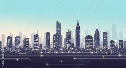 Pixelated cityscape with glowing network connections against a hazy sky