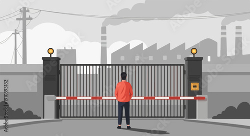 Person at barrier gate before industrial complex with smokestacks