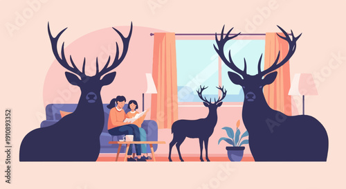 People and deer share cozy indoor space, creating a surreal, whimsical scene