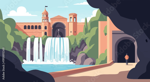 Person at entrance of dark tunnel beside waterfall and ancient building